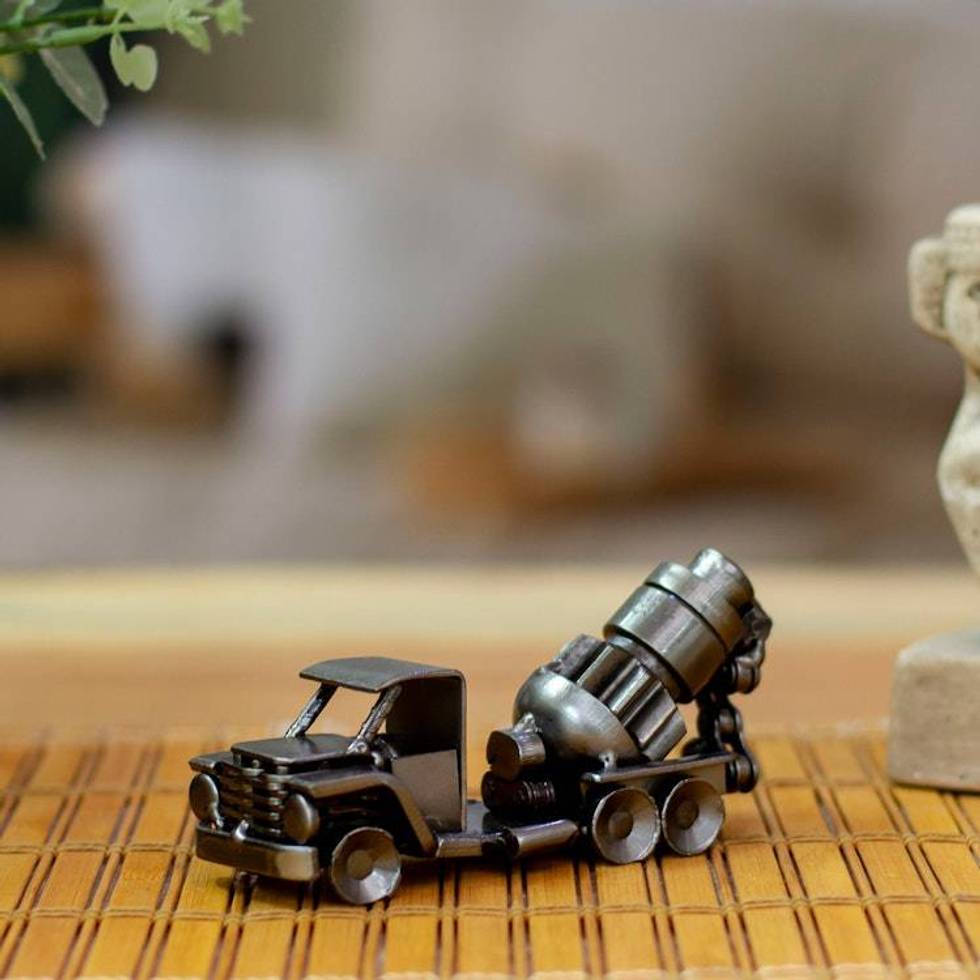 Recycled Metal Figurine with Concrete Mixer Truck Theme 'Mixing Magic'