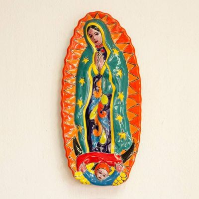 Primary image for Talavera-Style Ceramic Wall Sculpture of the Virgin Mary Talavera Guadalupe in Orange