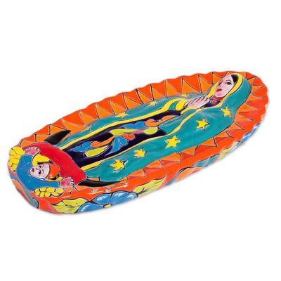 Alternate image for Talavera-Style Ceramic Wall Sculpture of the Virgin Mary Talavera Guadalupe in Orange