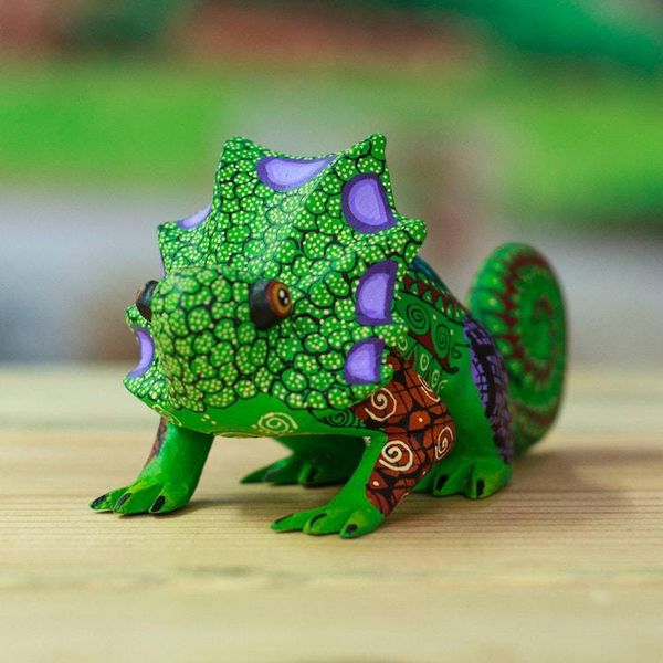 Alternate image for Hand-Painted Green Copal Wood Chameleon Alebrije Figurine Chameleonic Green