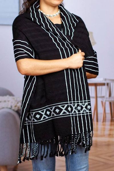 Alternate image for Black  White Backstrap Woven Embroidered Rebozo Shawl Narrow Night Paths