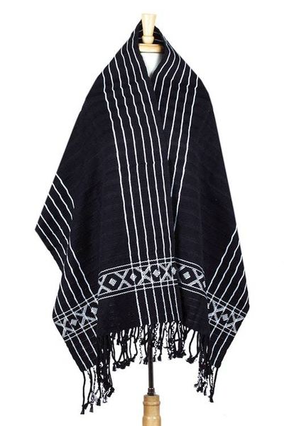 Alternate image for Black  White Backstrap Woven Embroidered Rebozo Shawl Narrow Night Paths