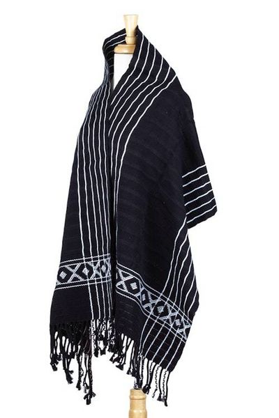 Alternate image for Black  White Backstrap Woven Embroidered Rebozo Shawl Narrow Night Paths