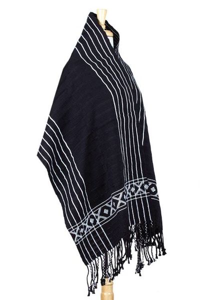 Alternate image for Black  White Backstrap Woven Embroidered Rebozo Shawl Narrow Night Paths