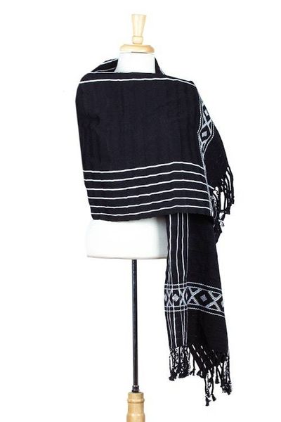 Alternate image for Black  White Backstrap Woven Embroidered Rebozo Shawl Narrow Night Paths