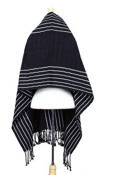 Alternate image for Black  White Backstrap Woven Embroidered Rebozo Shawl Narrow Night Paths
