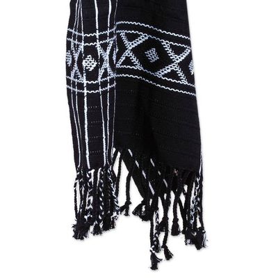 Alternate image for Black  White Backstrap Woven Embroidered Rebozo Shawl Narrow Night Paths
