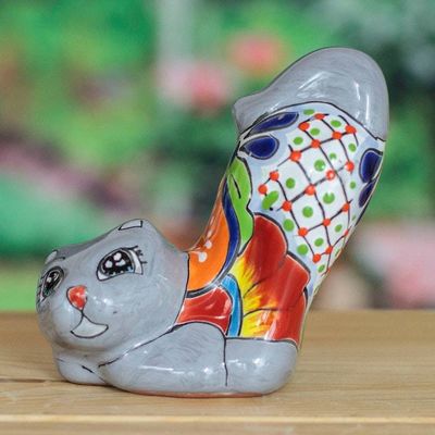 Alternate image for Handcrafted Hacienda-Themed Grey Ceramic Cat Figurine Feline Stretching