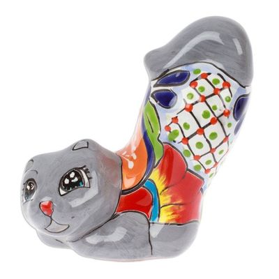 Alternate image for Handcrafted Hacienda-Themed Grey Ceramic Cat Figurine Feline Stretching