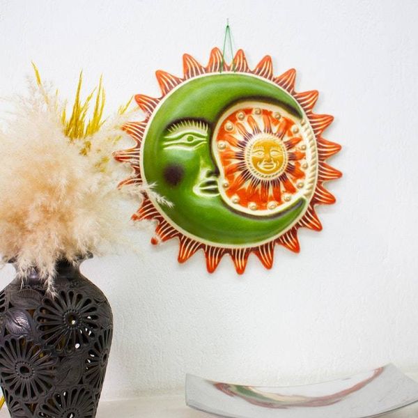 Alternate image for Sun and Moon-Themed Green and Orange Ceramic Wall Art Radiant Eclipse