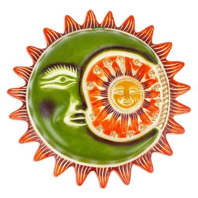 Alternate image for Sun and Moon-Themed Green and Orange Ceramic Wall Art Radiant Eclipse
