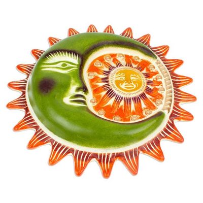 Alternate image for Sun and Moon-Themed Green and Orange Ceramic Wall Art Radiant Eclipse