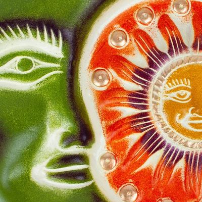 Alternate image for Sun and Moon-Themed Green and Orange Ceramic Wall Art Radiant Eclipse
