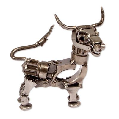 Alternate image for Oxidized Upcycled Bull Metal Sculpture Handmade in Mexico Valiant Horns