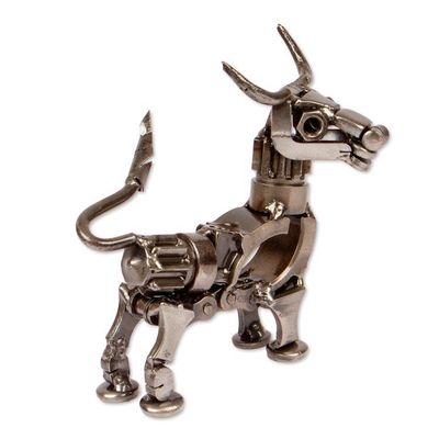 Alternate image for Oxidized Upcycled Bull Metal Sculpture Handmade in Mexico Valiant Horns