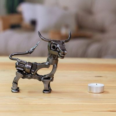 Alternate image for Oxidized Upcycled Bull Metal Sculpture Handmade in Mexico Valiant Horns