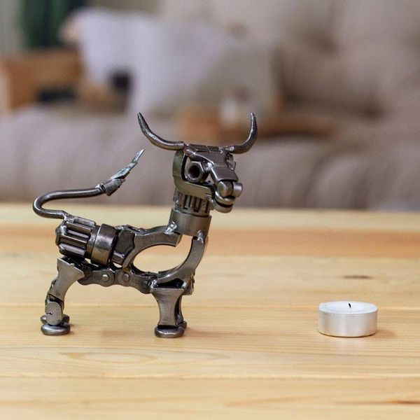 Alternate image for Oxidized Upcycled Bull Metal Sculpture Handmade in Mexico Valiant Horns