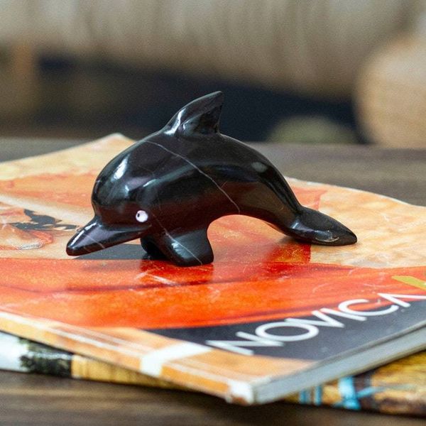 Alternate image for Handcrafted Dolphin-Shaped Dark-Palette Marble Figurine Nocturnal Fins