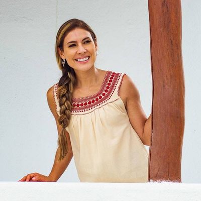 Alternate image for Beige Cotton Blouse with Traditional Red Embroidery San Cristobal Tradition