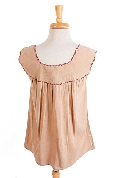 Alternate image for Beige Cotton Blouse with Traditional Red Embroidery San Cristobal Tradition