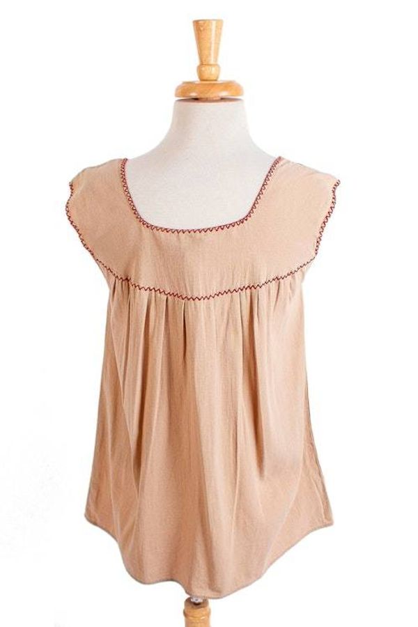 Alternate image for Beige Cotton Blouse with Traditional Red Embroidery San Cristobal Tradition