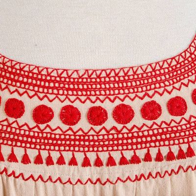 Alternate image for Beige Cotton Blouse with Traditional Red Embroidery San Cristobal Tradition