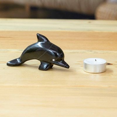 Alternate image for Handcrafted Dolphin-Shaped Dark-Palette Marble Figurine Nocturnal Fins