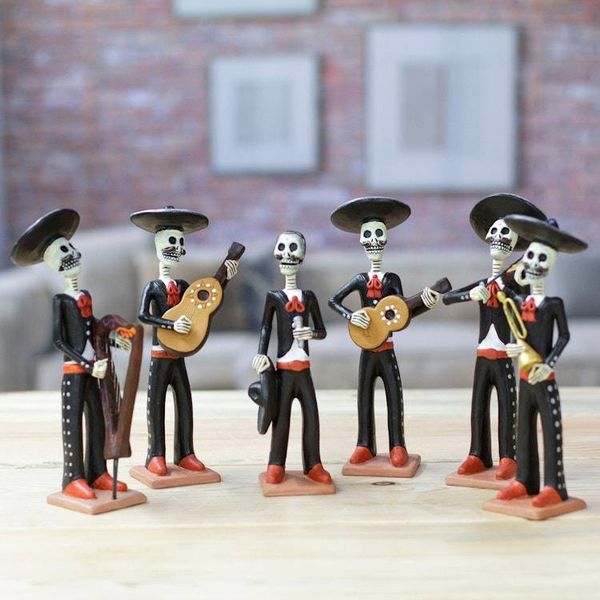 Alternate image for Set of 6 Painted Classic Mariachi-Themed Ceramic Sculptures Underworld Serenade