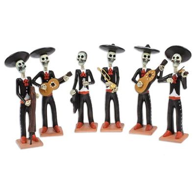 Alternate image for Set of 6 Painted Classic Mariachi-Themed Ceramic Sculptures Underworld Serenade