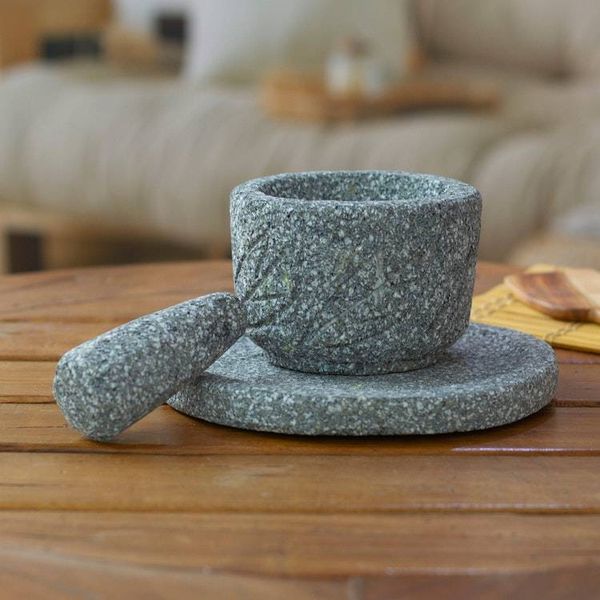 Alternate image for Hand-Carved Basalt Stone Salsa Bowl and Serving Plate Set Grand Tradition