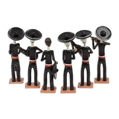 Alternate image for Set of 6 Painted Classic Mariachi-Themed Ceramic Sculptures Underworld Serenade