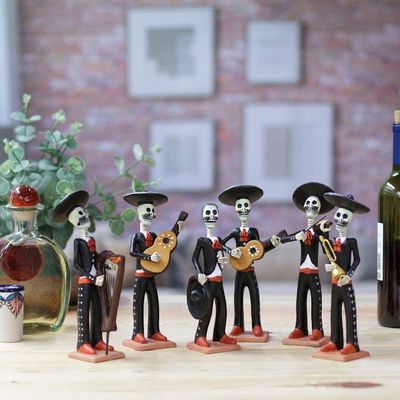 Alternate image for Set of 6 Painted Classic Mariachi-Themed Ceramic Sculptures Underworld Serenade
