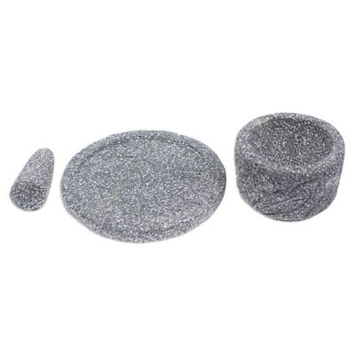 Alternate image for Hand-Carved Basalt Stone Salsa Bowl and Serving Plate Set Grand Tradition