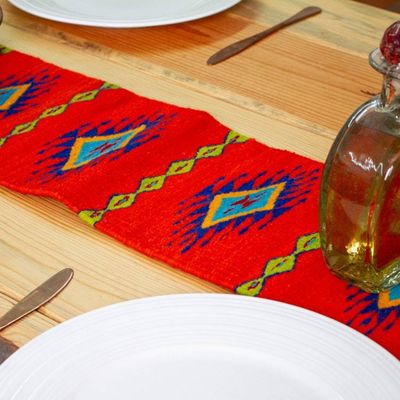 Primary image for Handwoven Diamond-Patterned Scarlet 100 Wool Table Runner Jewels of Scarlet