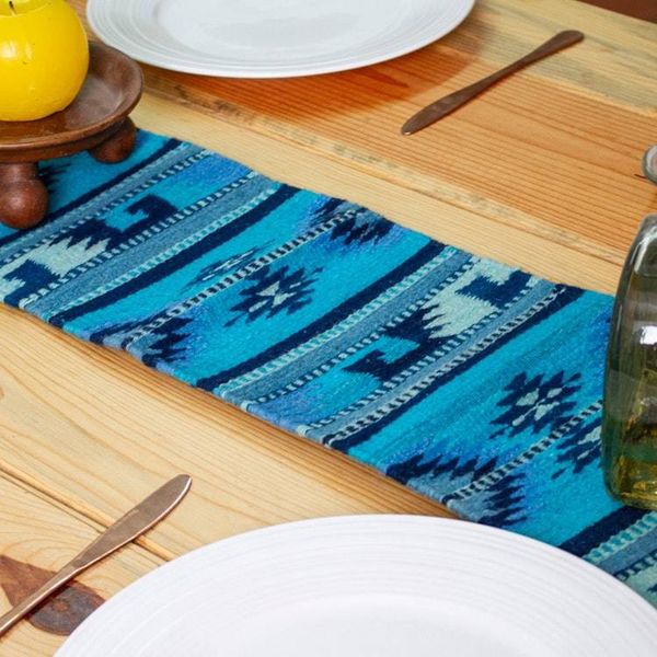 Alternate image for Traditional 100 Wool Table Runner in Caribbean Blue Hues Banquet in Caribbean Blue