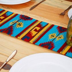 Image for Woven Fringed 100 Wool Table Runner in Yellow and Blue Hues Banquet in Thunder