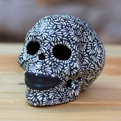 Alternate image for Handcrafted Talavera Style Black-Ivory Ceramic Skull Black and Ivory Lace Skull