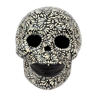 Alternate image for Handcrafted Talavera Style Black-Ivory Ceramic Skull Black and Ivory Lace Skull
