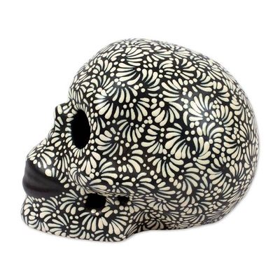 Alternate image for Handcrafted Talavera Style Black-Ivory Ceramic Skull Black and Ivory Lace Skull