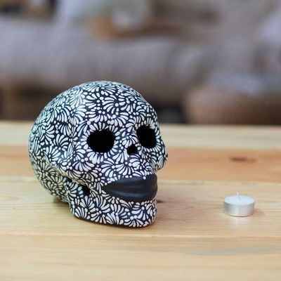 Alternate image for Handcrafted Talavera Style Black-Ivory Ceramic Skull Black and Ivory Lace Skull