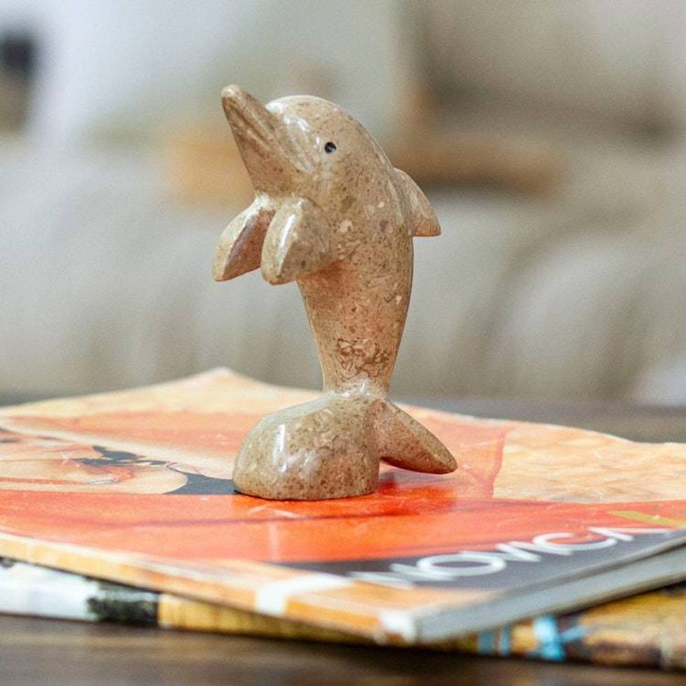 Dolphin-Themed Natural Marble Figurine in an Earthy Palette 'Harmonious Sea'