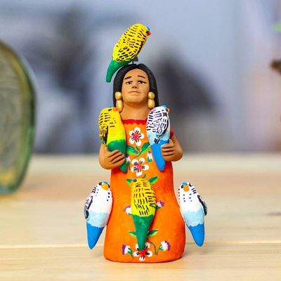 Primary image for Ceramic Sculpture of Woman in Mexican Attire with Parrots Woman with Parrots