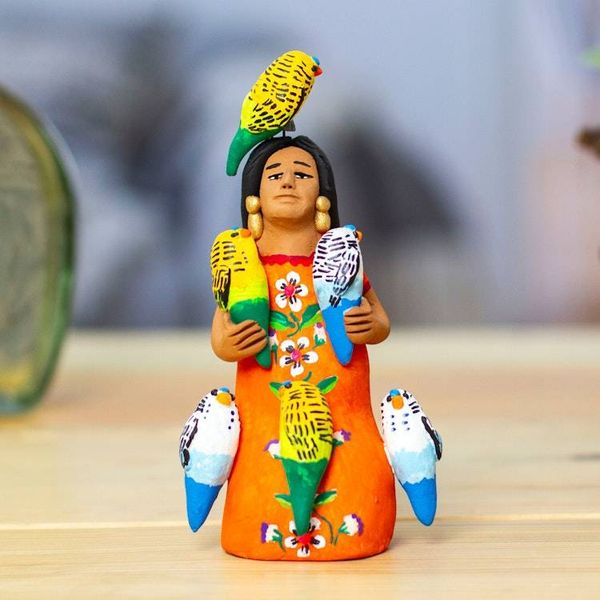 Alternate image for Ceramic Sculpture of Woman in Mexican Attire with Parrots Woman with Parrots