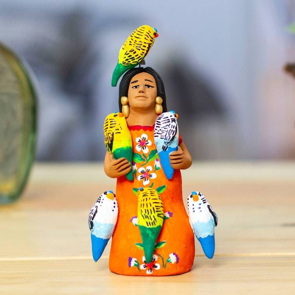 Ceramic Sculpture of Woman in Mexican Attire with Parrots 'Woman with Parrots'