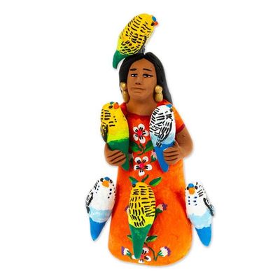 Alternate image for Ceramic Sculpture of Woman in Mexican Attire with Parrots Woman with Parrots