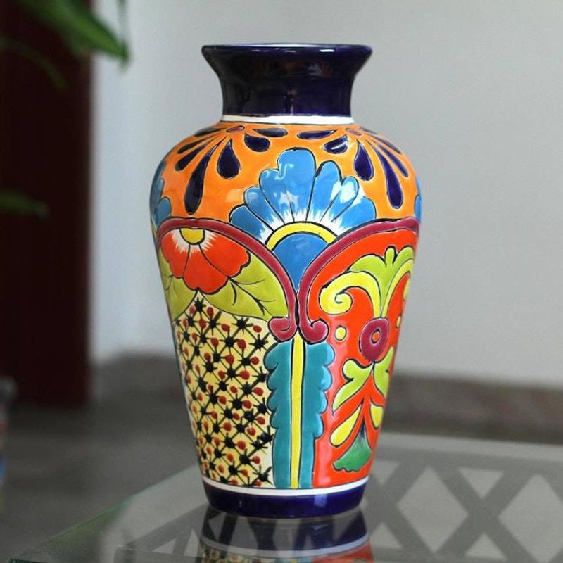 Image for Talavera-Style Ceramic Vase Crafted in Mexico Floral Display