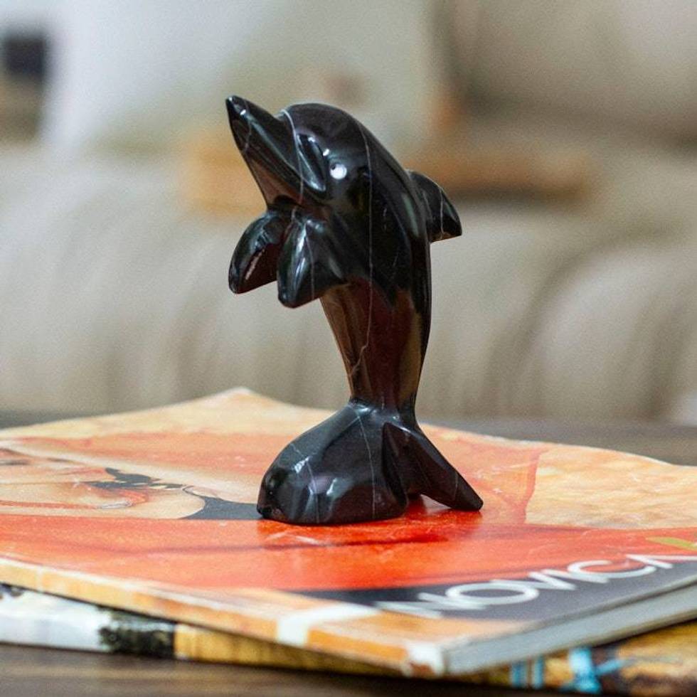 Inspirational Dolphin-Themed Dark-Palette Marble Figurine 'Mystic Sea'