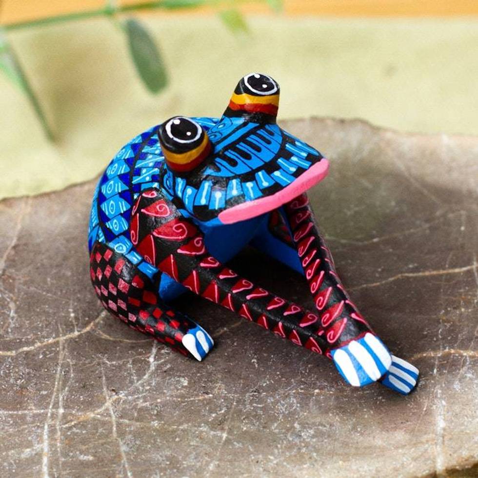 Colorful Hand-Painted Frog Wood Alebrije-Style Figurine 'Fantastic Frog'