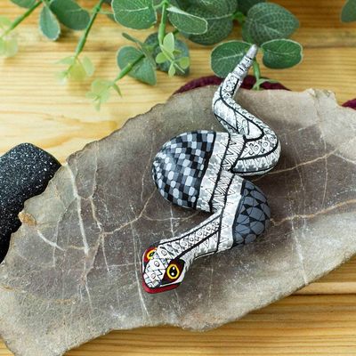 Primary image for Snake Wood Alebrije-Style Sculpture in White Grey and Black Enchanting Snake