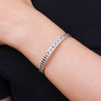 Alternate image for Traditional Floral Sterling Silver Cuff Bracelet Forest Signs